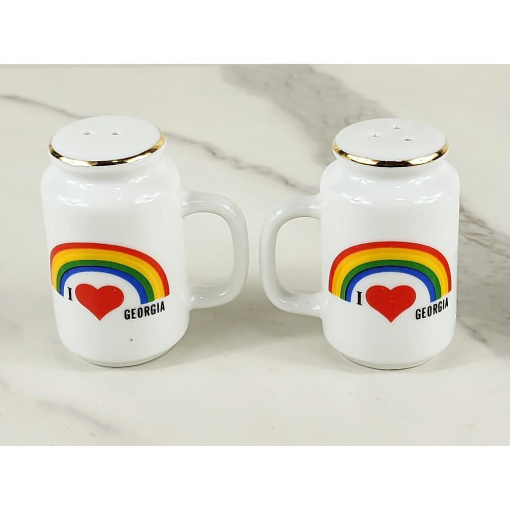 Salt & Pepper Shakers Rainbow I love Georgia 70's Porcelain 2 3/4" Gold Trim Vtg